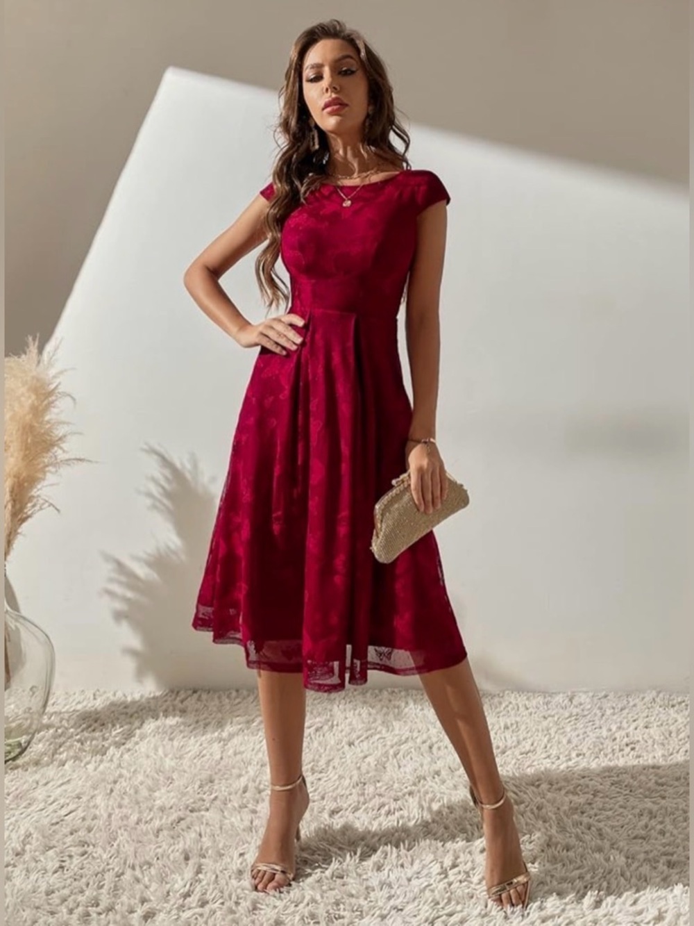 NEW Women's Cap Sleeve Boat Neck Flared Hem High Waist A Line Midi Dress Size L
